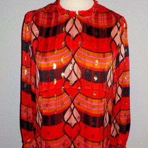 JOIE MISSES SIZES RED GOLD METALLIC POLKA DOT ABSTRACT PRINT BLOUSE